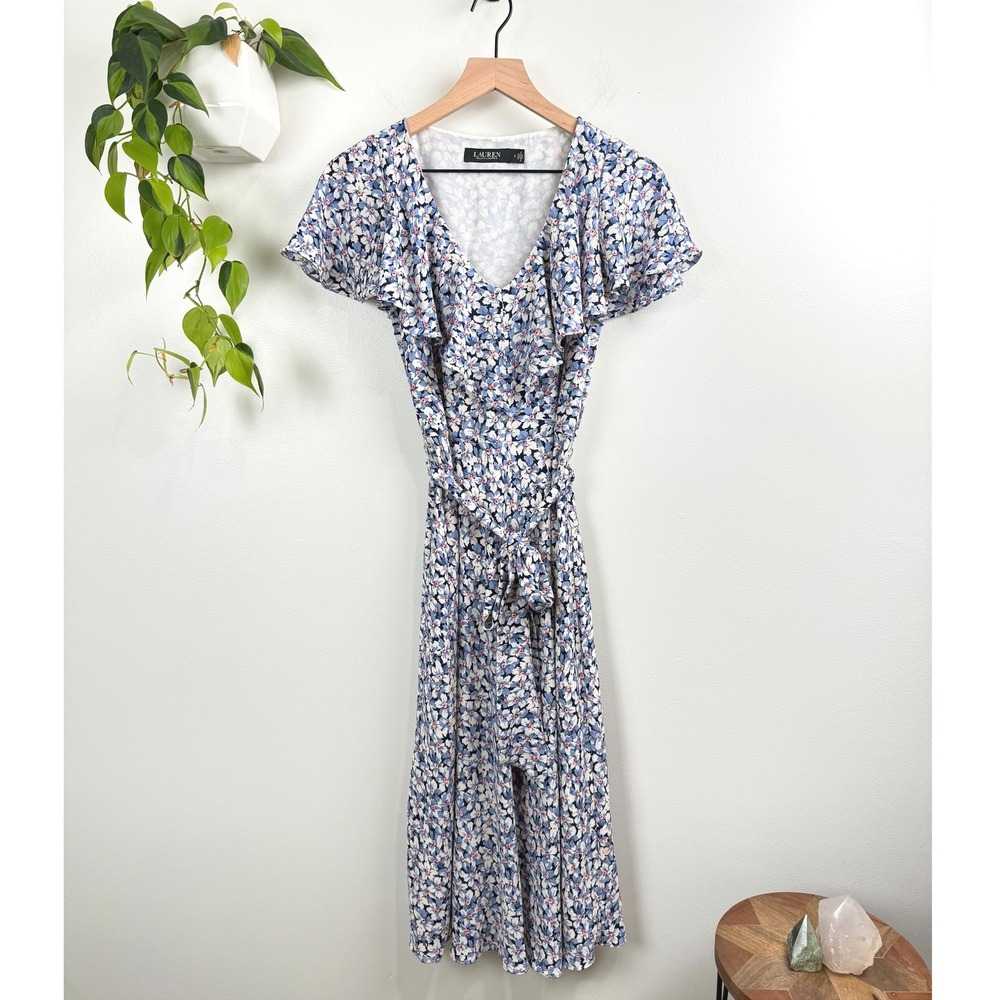 Lauren Ralph Lauren Blue Floral Flutter Sleeve Tie Waist Midi Dress 2 Feminine